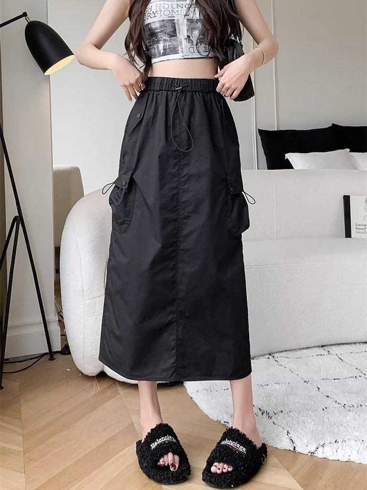 2024 Plus Size Women s Elastic Waist Drawstring Casual Midi A-line Slit Skirt 4XL чёрный