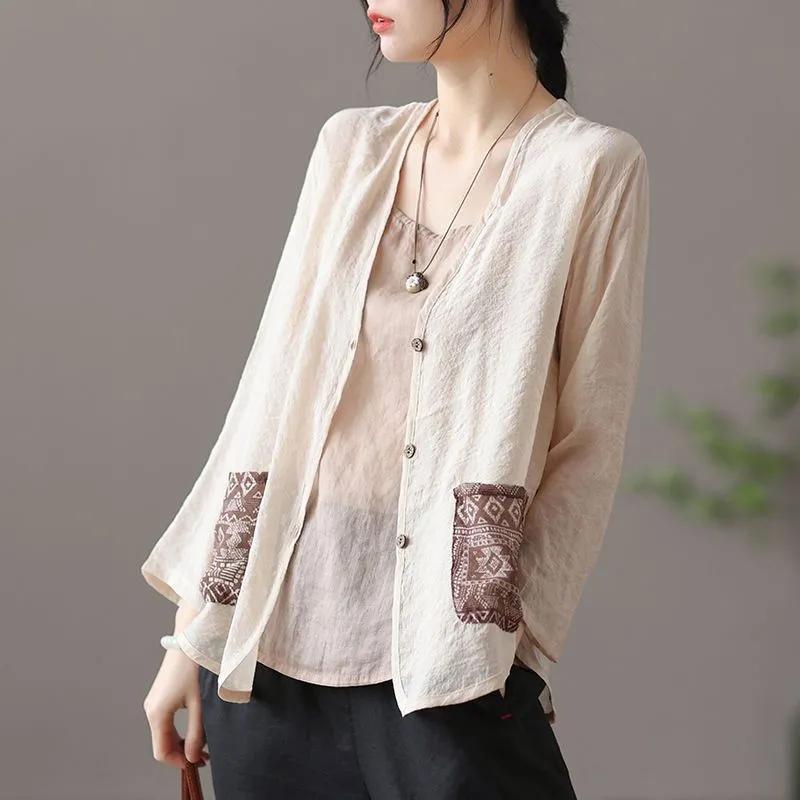 Women S Vintage V Neck Thin Cardigan Short Jacket Casual Summer Loose M бежевый