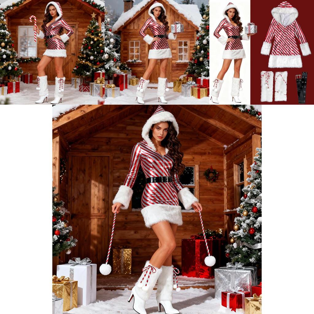 Holiday Themed Sequin Dress With Plush Edging And Waist Belt For Festive Stage Wear