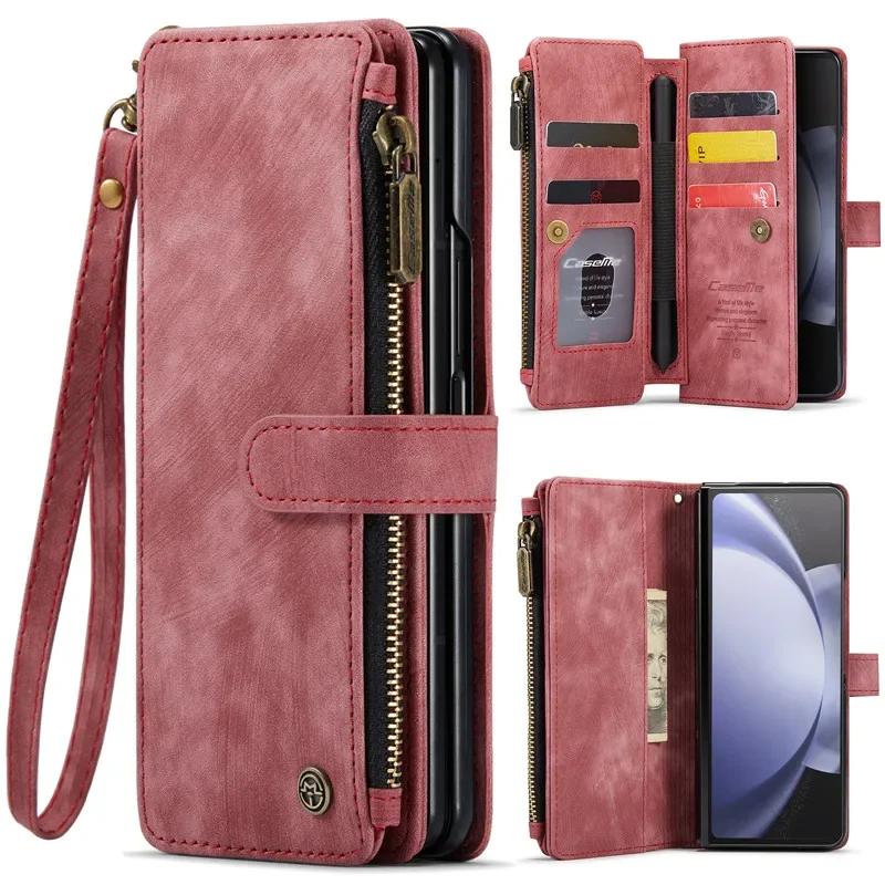 Lanyard Leather Zipper Wallet Card Phone Case For Samsung Galaxy Z Fold 7 6 5 4 Fold6 Fold5 Fold4 Purse Flip Stand Cover