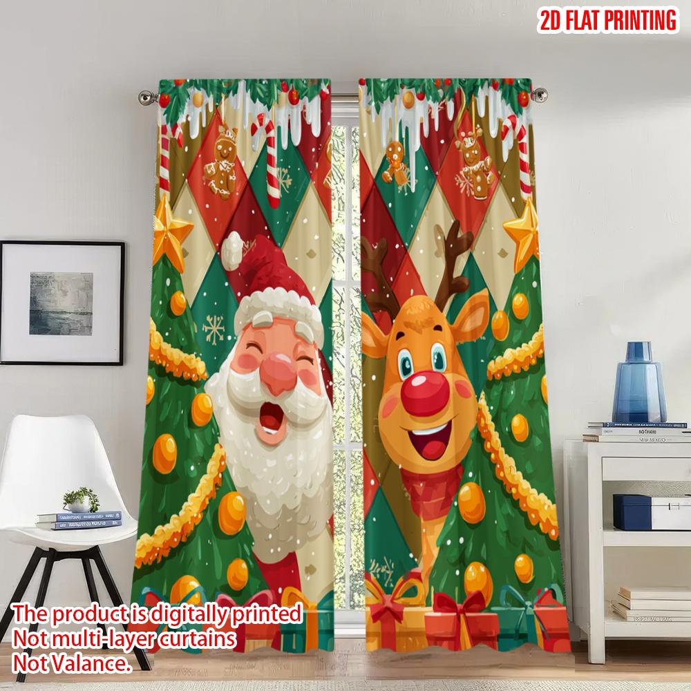 

2pcs 2D flat printing Christmas Curtains Christmas Santa Reindeer Trees Digital Printed Polyester Drapes Holiday Decorations Use 100*130 Rod Pocket 1pcs
