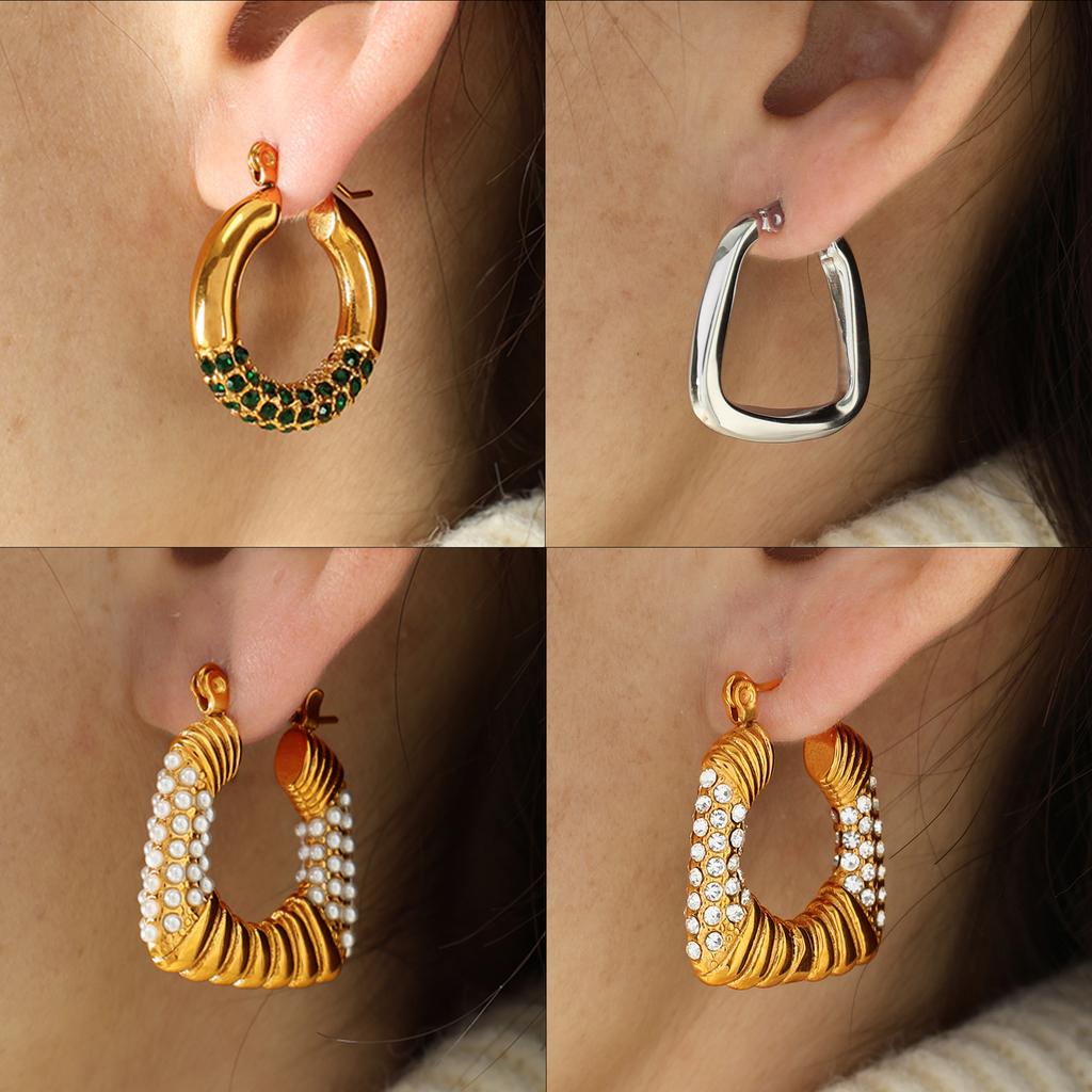 Light Luxury Personality Fashion Design High Sense Earrings Gold Plated Titanium Steel Geometric Zircon Inlaid Earrings