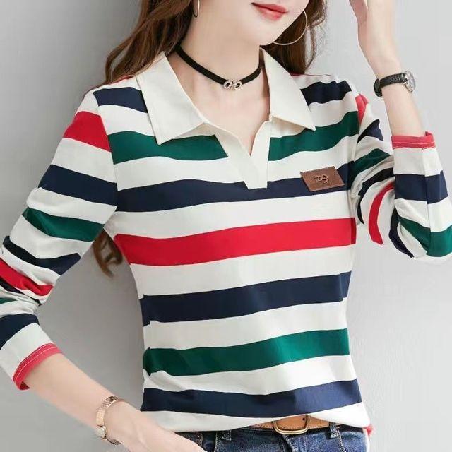 

Полосатая нижняя рубашка для женщин с длинными рукавами футболка весна-осень поло воротник топ XL-6XL XXXL циан