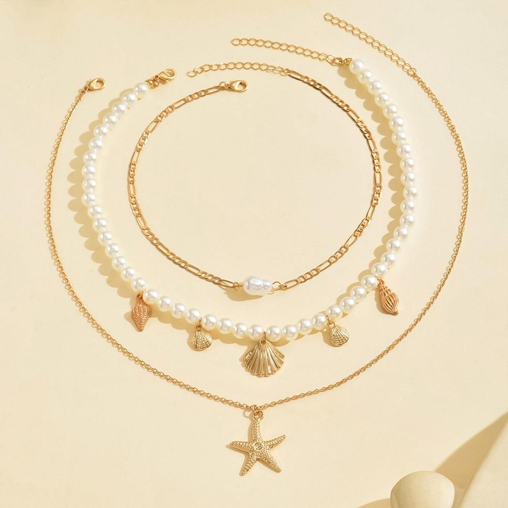 Holiday Travel Starfish Pendant Necklace Alloy Beads Shell Necklace Layered Choker Chain  for Women