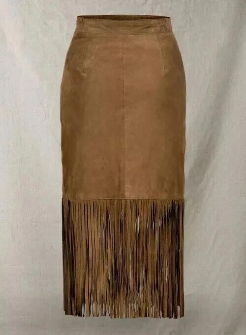 Women's Skirt Brown Suede Handmade Genuine Lambskin Leather Fringe Stylish Soft