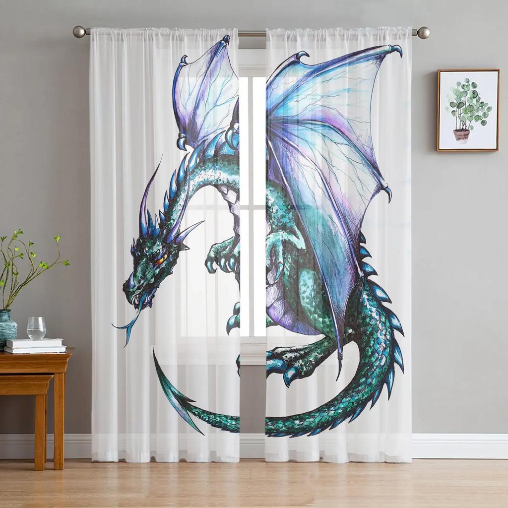 Asian Red Angry Dragon Chiffon Sheer Curtains for Living Room Bedroom Home Decoration Window Voiles Tulle Drapes Curtain