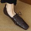 Fashion Skinny Retro Leather Shoes for Women's Spring New Style Square Toe Soft Sole Lace Up Single Shoe, Low Heel Casual Single Shoe