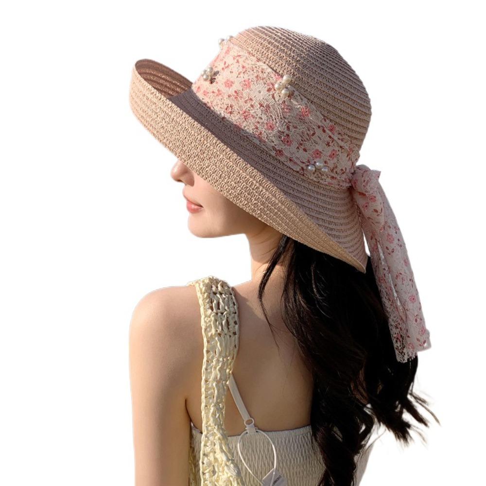 Breathable Flower Fisherman Cap Large Brim Wide Brim Sun Hat Fashion Lace Bowknot Straw Hat  Beach