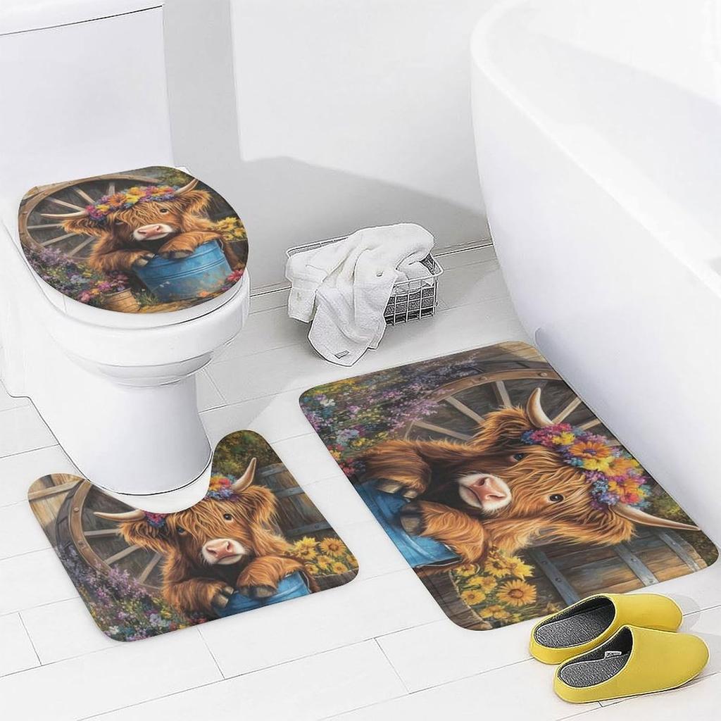Modern Highland Cow Shower Curtains With Rugs Toilet Lid Cover And Bath Mat For Bathroom,Home Tub Curtains Sets With Rugs Farmho
