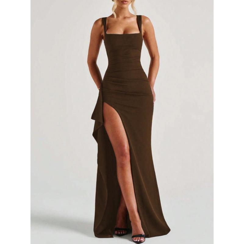 Wide Strap Square Neck Maxi Dress Ruched High Slit Elegant Bodycon Long Gown Multicolor Draped Side Split Sleeveless Evening Party Formal Prom Dress