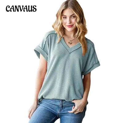 Sommer Dame Kasual Riller Jacquardstrikk Løs V-hals Kort Erme T-skjorte