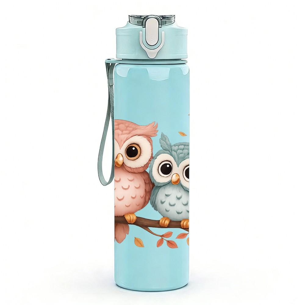 1PC Twin Owl Bird Branch Bust 750ml Color Plastic Sports Water Bottle Leakproof Flip Straw Lid For Sports Office Home Use