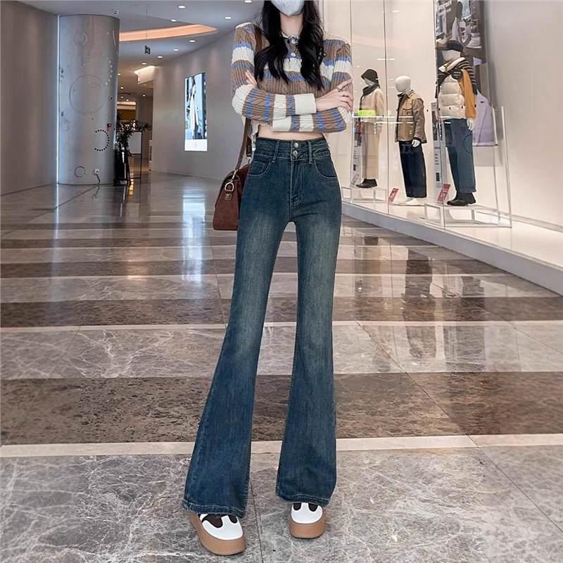 Cement Gray Micro-Flare Plus Velvet High-Waisted Slimming Petite Flared Jeans for Women