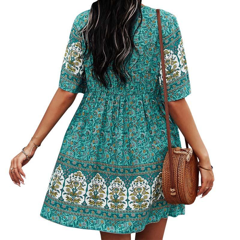 Damen Böhmisches Kleid Sommer V-Ausschnitt Kurzarm Geblümt Bedruckt Knopfleiste Lässige Kleider Mit Taschen Weiß