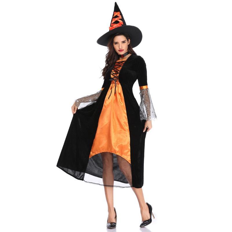 Spider Web Orange Witch Costume, Halloween Costume, Wizard Costume Masquerade Witch Costume