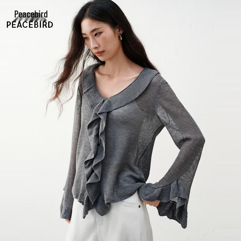 PEACEBIRD Women s Ruffled V-Neck Cardigan S