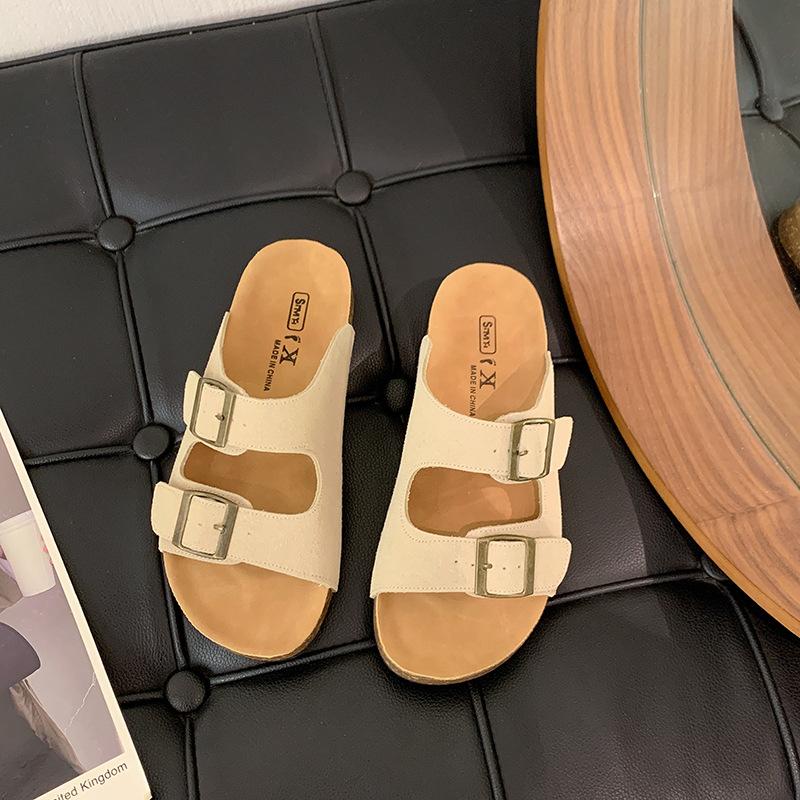 

Retro casual one-word buckle slippers women s summer new fashion literary cork open-toed Boken sandals 35 абрикосовий