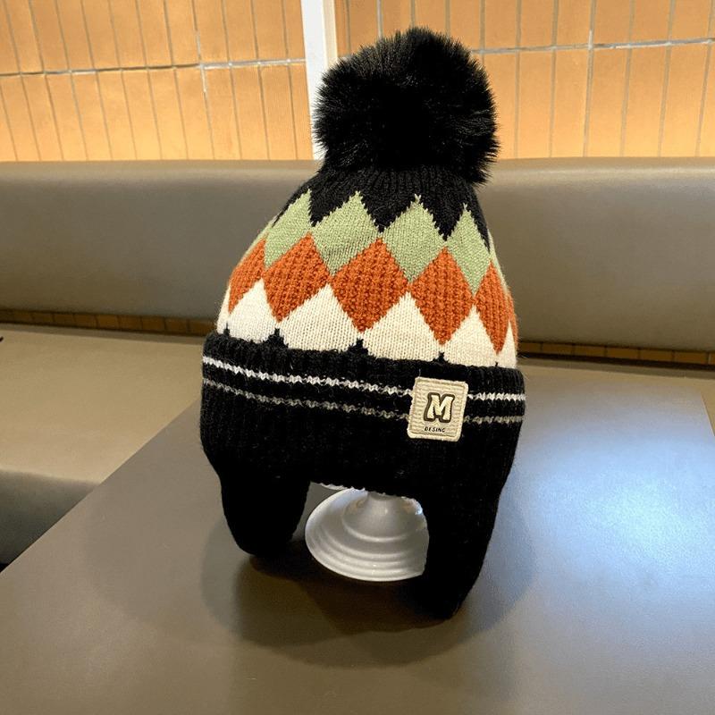 Autumn and Winter Boys and Girls Rhombus Windproof Ear Hats Baby Knitted Thickened Wool Hats Winter Children's Warm Hats