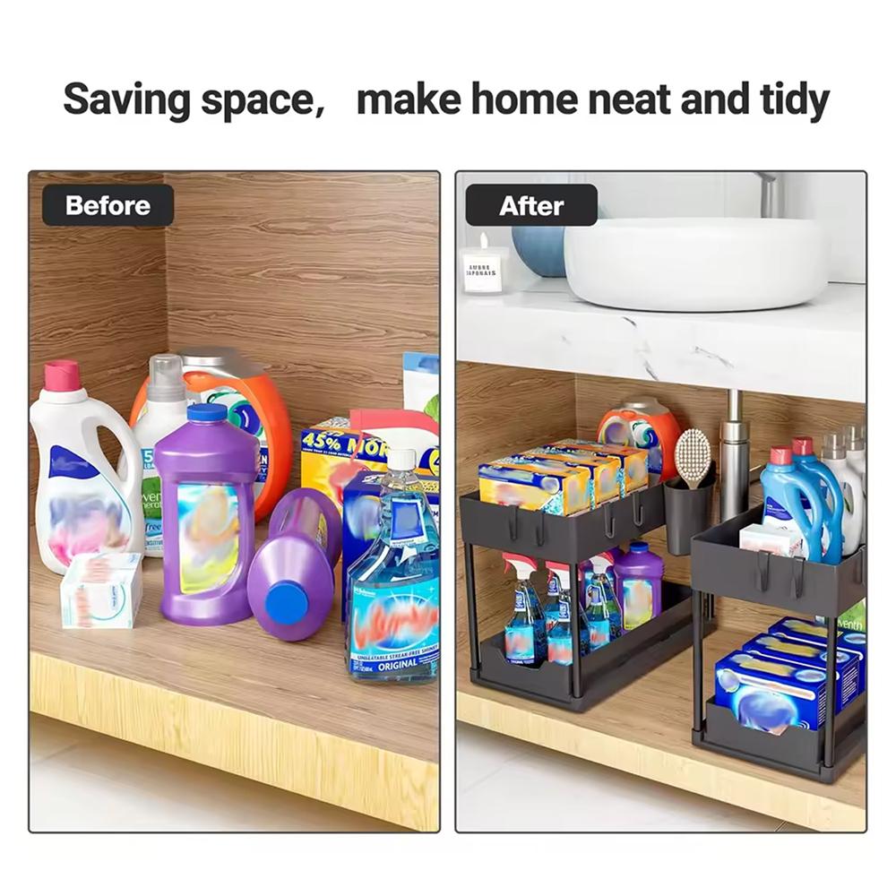Organizér pro uložení pod dřez s háčky, 2úrovňový výsuvný košík do skříně, výsuvná zásuvka pro koupelnu a kuchyň