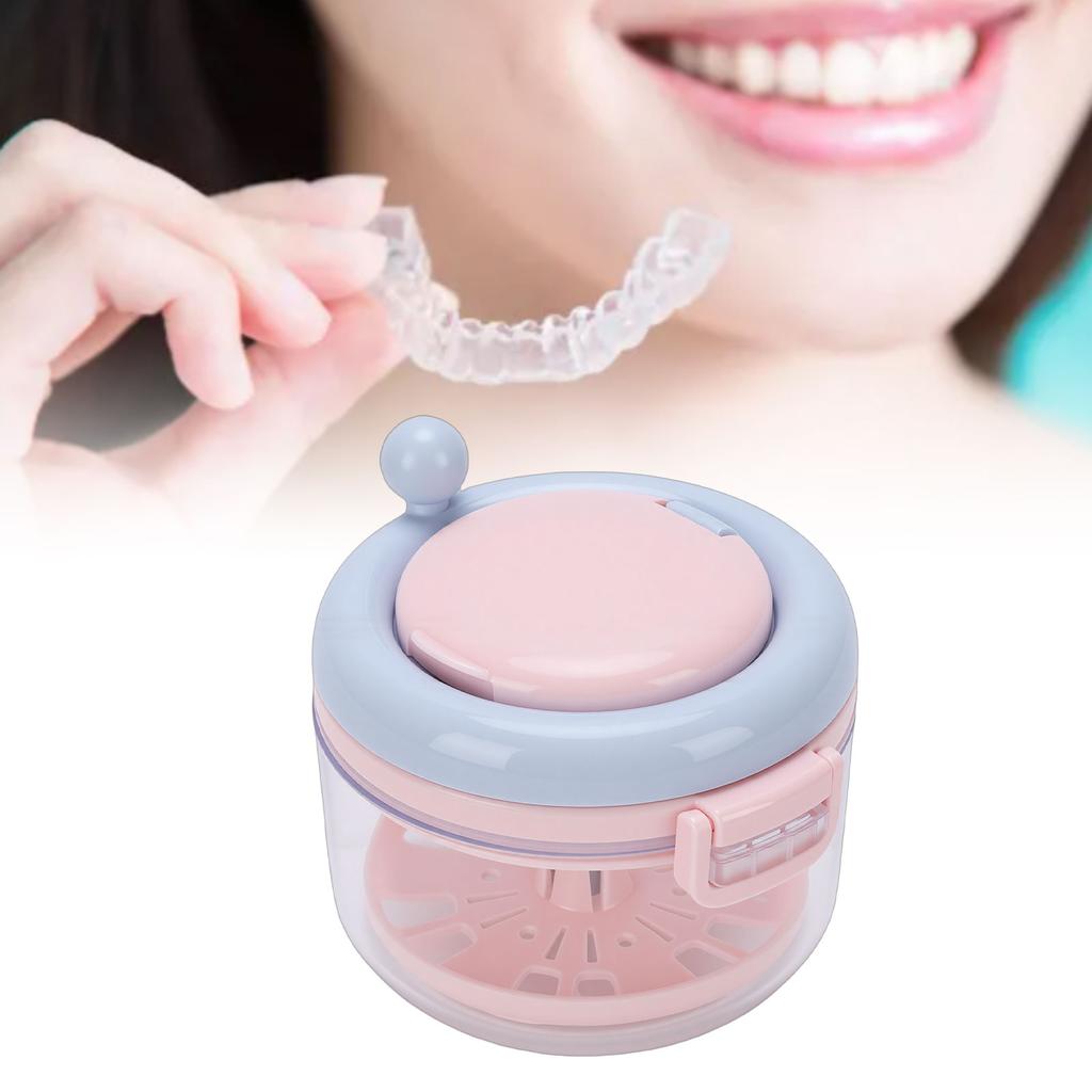 Teeth Retainer Cleaning Box 3 Layer Cleaning Denture Cup Soaking Holder for Travel Cleaning Pink Blue with Sticker