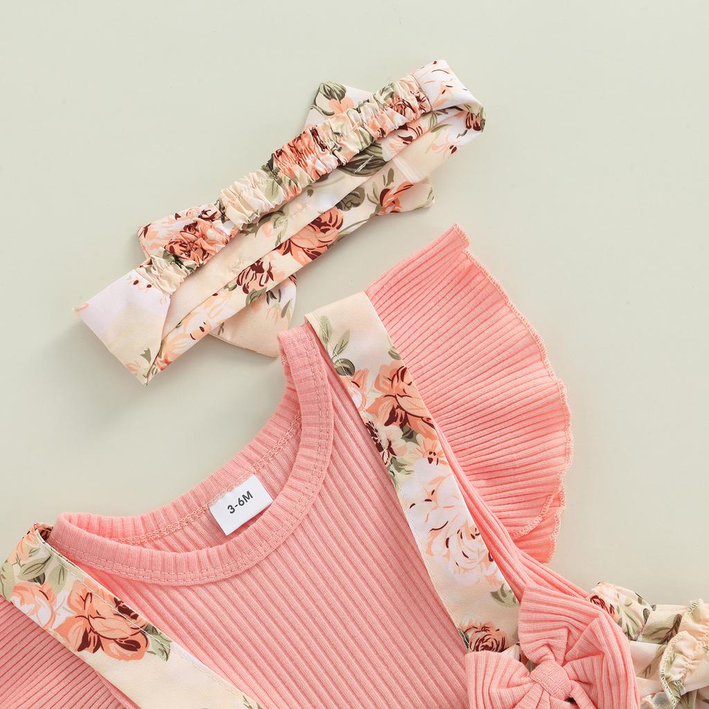 Baby Girls Two-piece Clothes Set, Pink Floral Printed Pattern Fly Sleeves Romper and Bow Knot Headdress, 0-18 Months