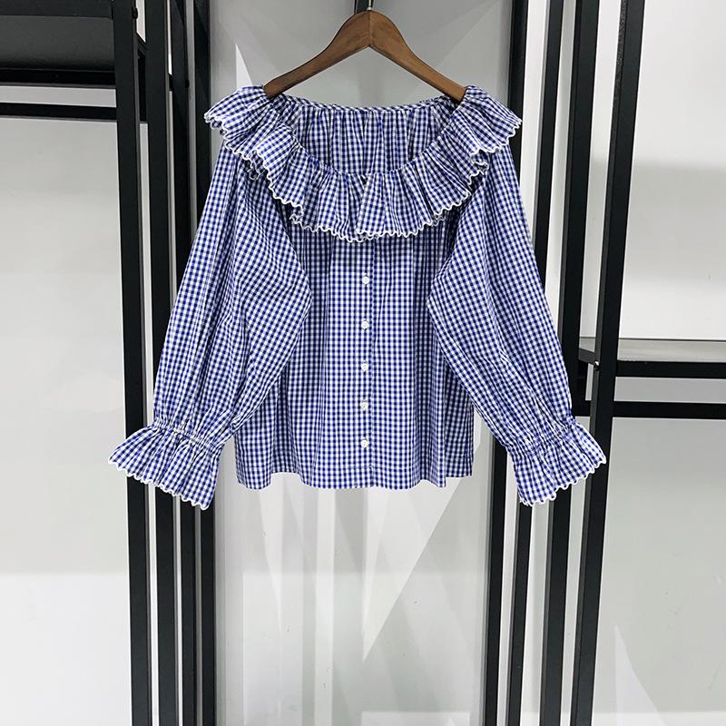 2026 French Early Spring Retro Blue Check Bell Sleeve Ruffle Shirt Large