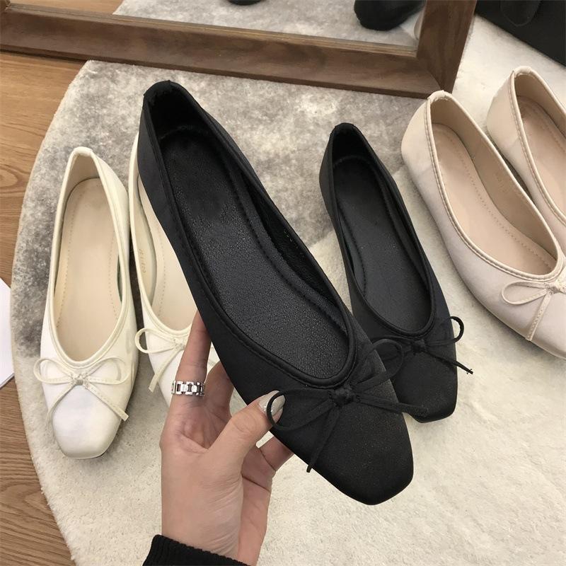 Champagne bow square head light mouth flat sole shoes women's spring 2025 new gentle satin grandma shoes