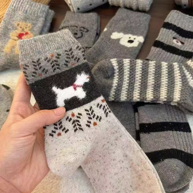 8Pairs Korean Winter Gray Wool Socks Women's Dog Embroidery Mid Tube Cute Cartoon Socks Fashion College Style Breathable Sock