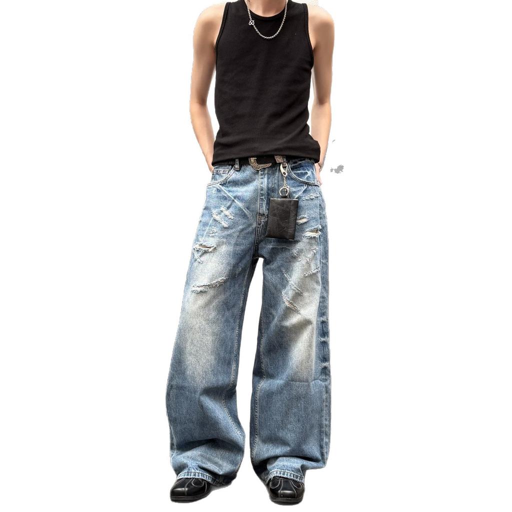 American Trendy Brand Washed Blue Old Cat Whisker Niche Design Ripped Loose Straight Jeans Casual Versatile Trousers