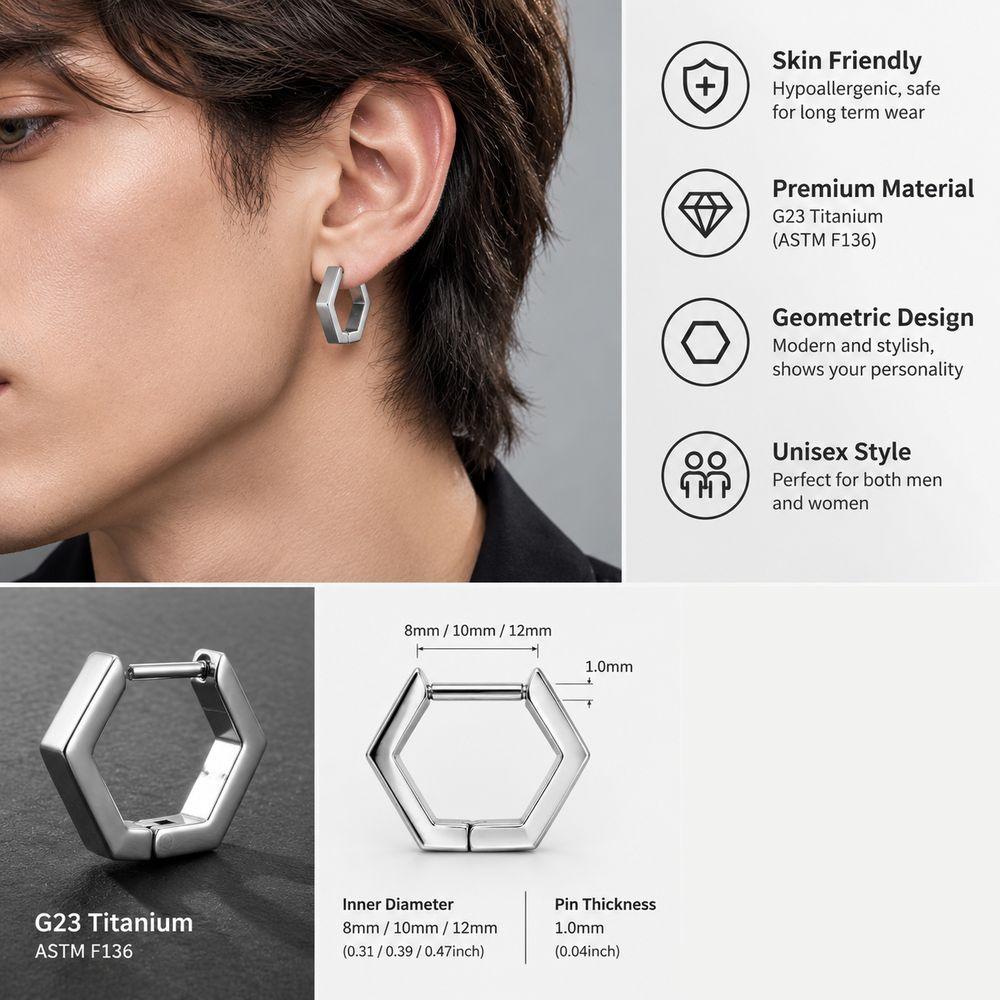 Straight Pin Hexagon Ear Hanger G23 Titanium Earrings New Stud earrings Women