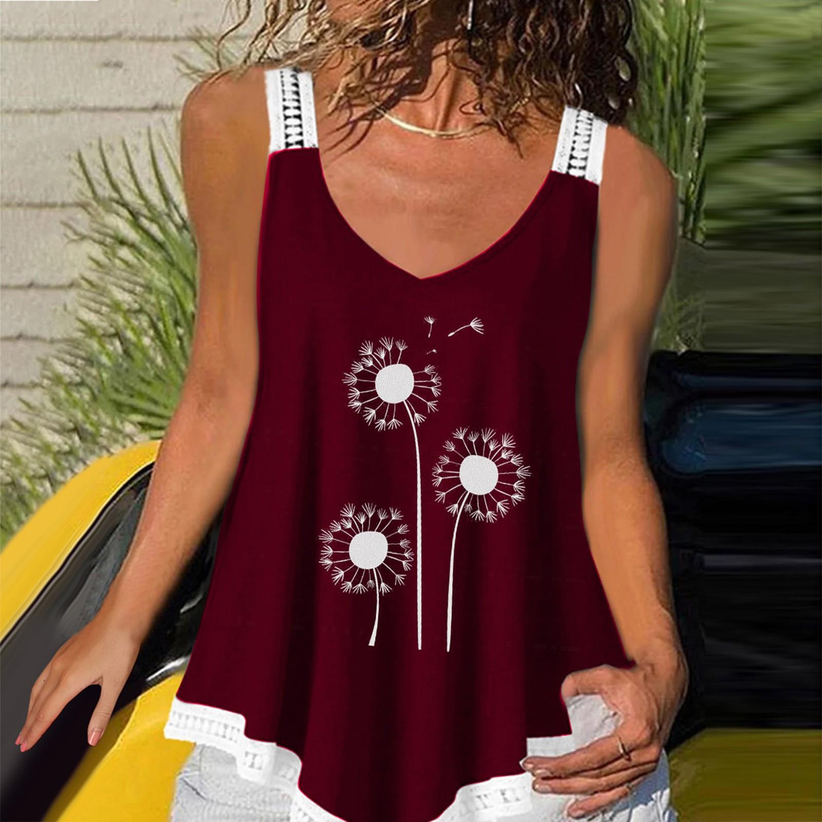 

Women Summer 2022 Sexy Sleeveless Printed Lace Stitching V-Neck A-line Camis Top XXXL винний