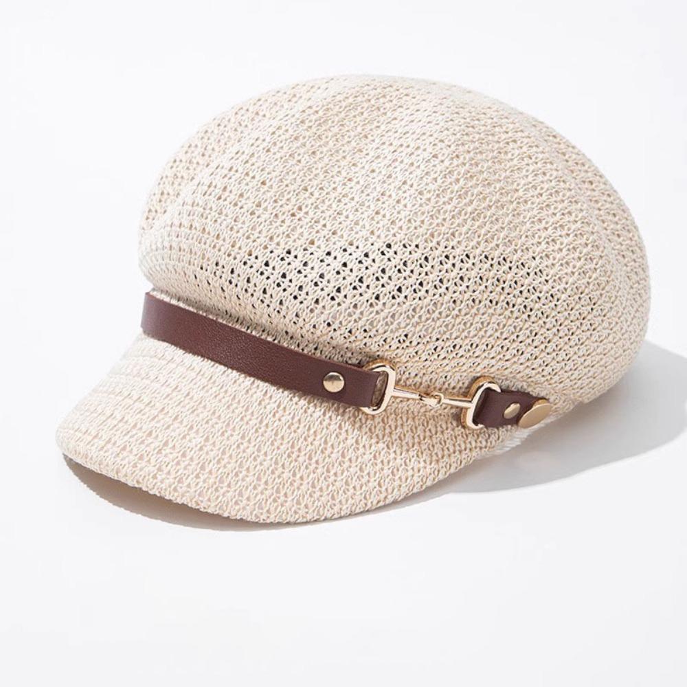 Casual Hollow Octagonal Beret Hat Breathable Spring Summer Beach Straw Hat Leather Buckle Painter Hat Sunshade Cap