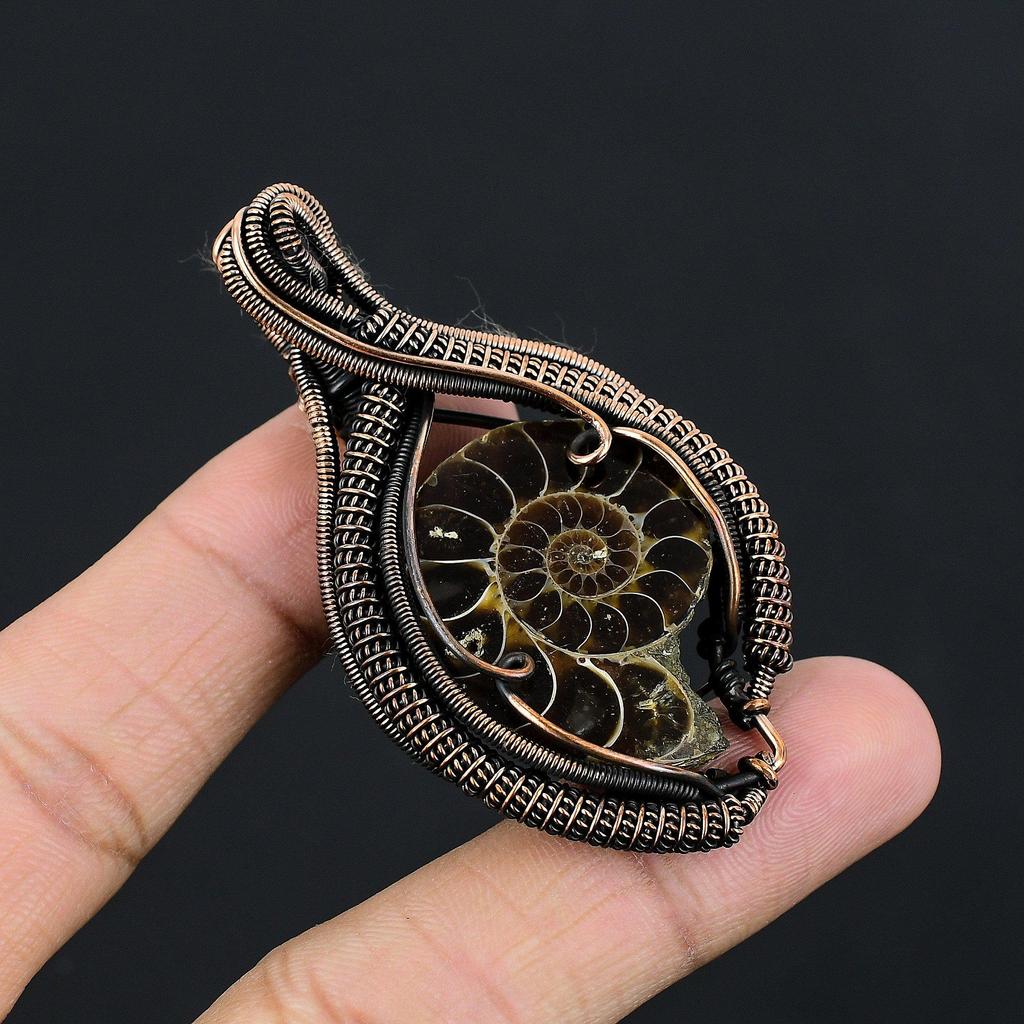 Ammonite Fossil 999 Copper Wire Wrapped  Pendant, Handmade Gemstone Jewelry Pendant For Memorial Day