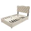 90*200 cm Flat Bed, Upholstered Bed, Nightstand Upholstery with Decorative Studs, Double Drawers, Dark Beige