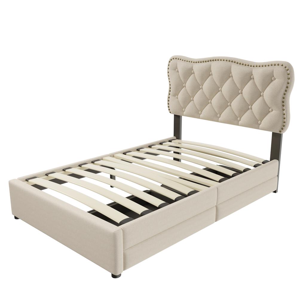 90*200 cm Flat Bed, Upholstered Bed, Nightstand Upholstery with Decorative Studs, Double Drawers, Dark Beige