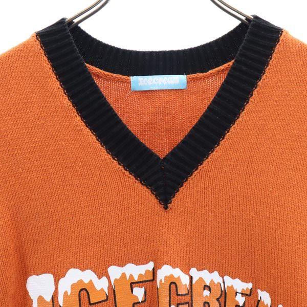 ICE CREAM Logo Print V Neck Knit Vest L Orange Series Men's Used