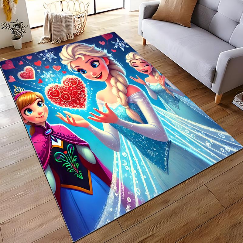 Runner Rug Elsa Holding Red Lace Heart with Anna and Olaf Snowflakes Art Decor