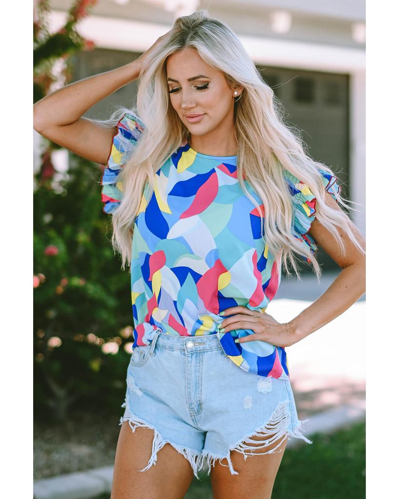 Azura Exchange Blůza s abstraktním potiskem a volánovými rukávy