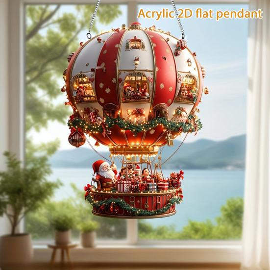 Christmas Hot Air Balloon Ornaments 2D Acrylic Xmas Tree Pendant Cartoon Santa In Hot Air Balloon Hanging Decoration for Trees Doors Windows Decor