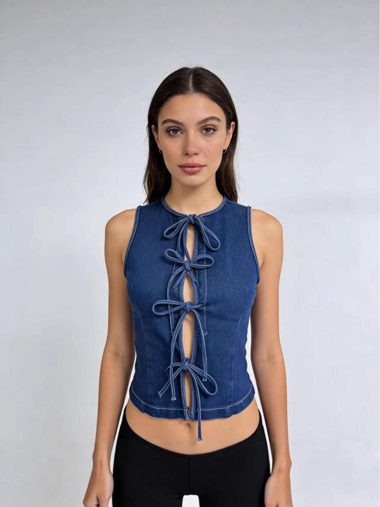 Women's Tie-Dye Lace-Up Sleeveless Denim Vest