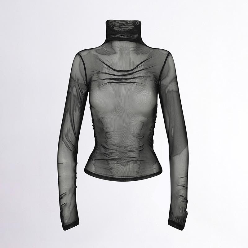 Sawadika Q24TP607 Women's High Neck Long Sleeve Sheer Solid Color T-shirt