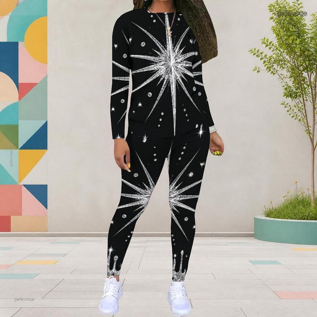 Women Plus Size Printed Round Neck Long Sleeve Top And Fitted Pants Two Piece Set