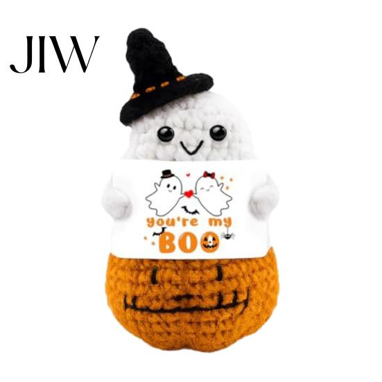 Pocket Sized Anxiety Relief Figurine Hand Knitted Halloween Ghost Ornament, Crochet Plush Doll with Warm Hearted Gift for Students Encouragement Card,