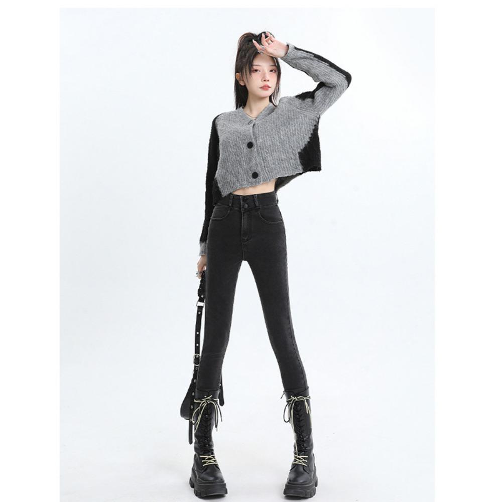 Double-breasted jeans women's 2025 new autumn and winter design tight elastic pencil small-footed jeans