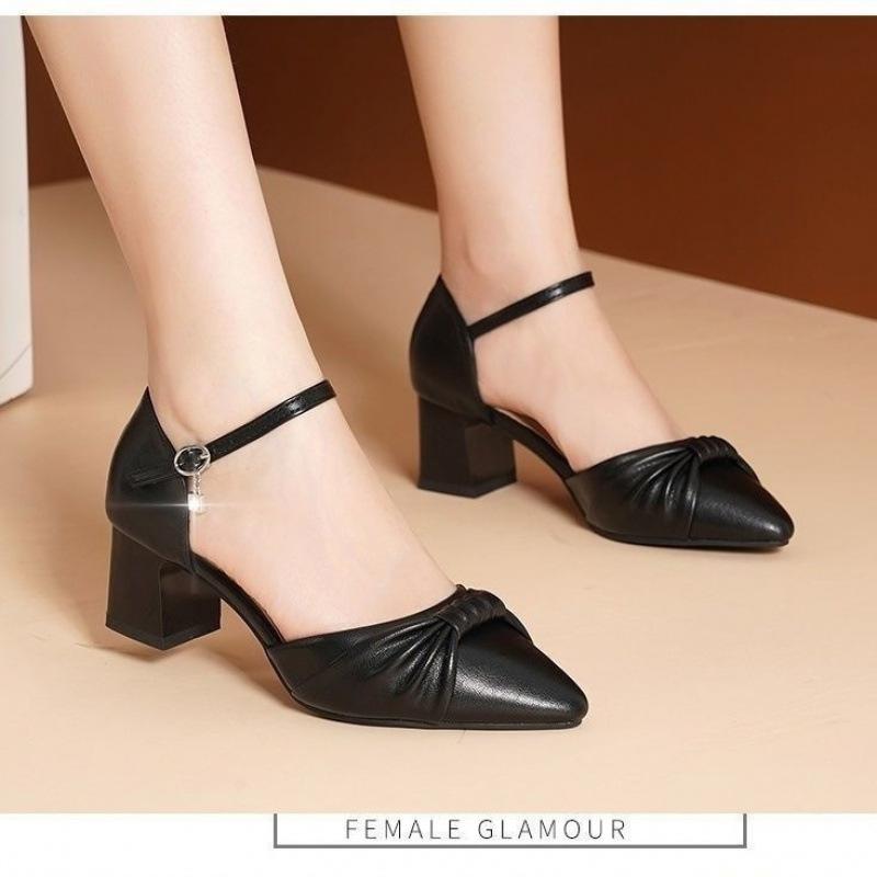 Famous Brand Leather High-end Summer Women's Shoes Bag Head High-heeled Sandals Women's 2025 New Medium Heel Thick Heel Temperament Single Shoes