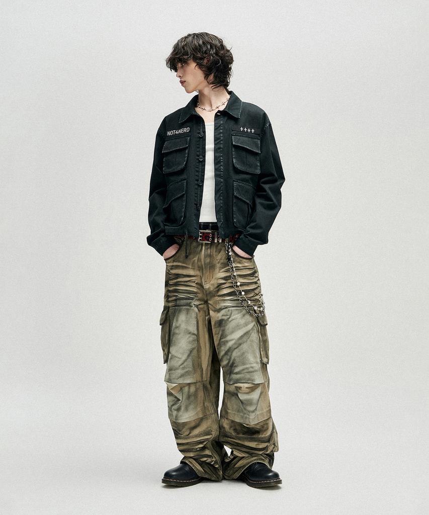 NOT4NERD Dirty Washed Parachute Cargo Denim Pants - Beige