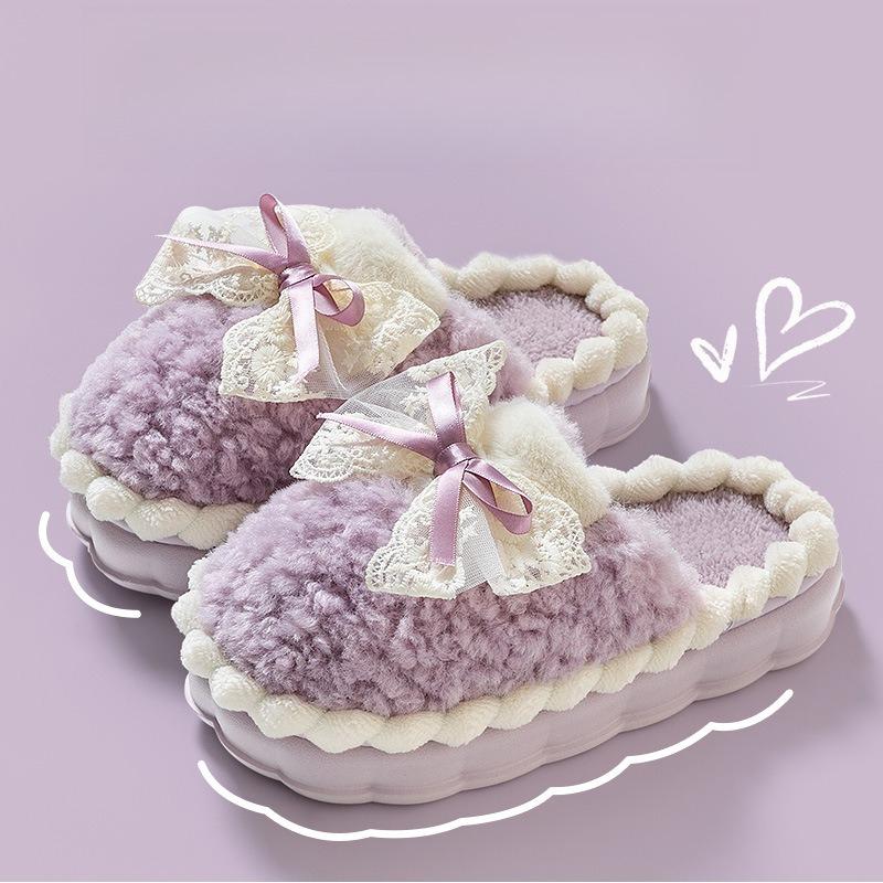 Women's Plush Slippers - Bow Detail Winter House Shoes, Ultra-Soft Non-Slip Indoor Slippers for Home Maternity Comfort