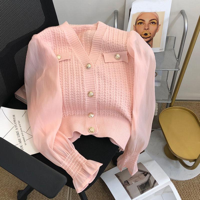 Strickjacke Pullover Weiblichen Frühling 2023 Solide V-ausschnitt Französisch Stil Temperament Splice Strickwaren Frauen Kurze Süße Pullover Strickjacke Top