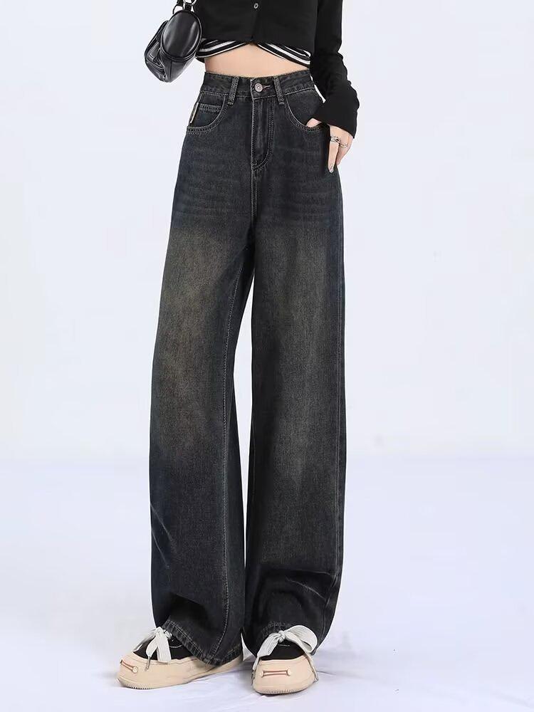 Women's Plus Size Dark Washed Wide-Leg Jeans with Zipper - Retro Style for Spring and Autumn