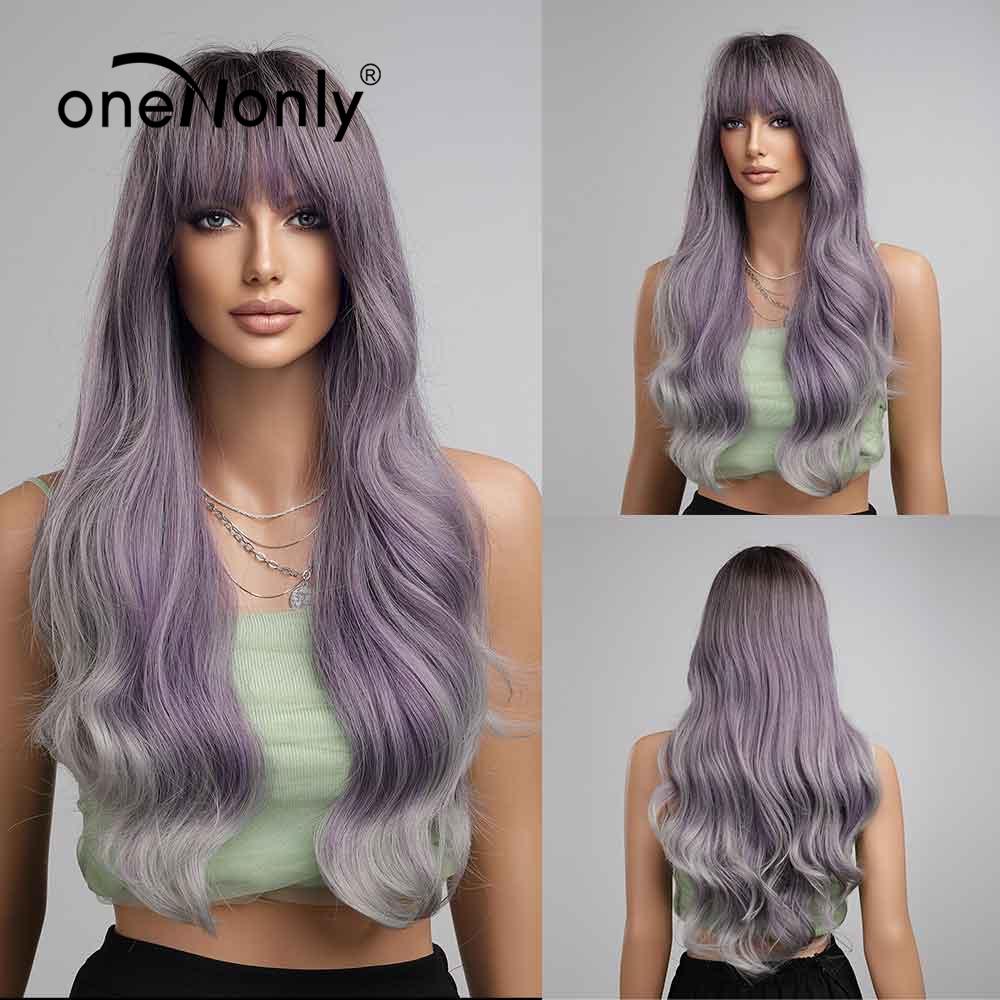 oneNonly Long Body Wave Ombre Brown Pink Synthetic Wigs with Bangs Natural Wave for Women Cosplay Natural Wig Heat Resistant
